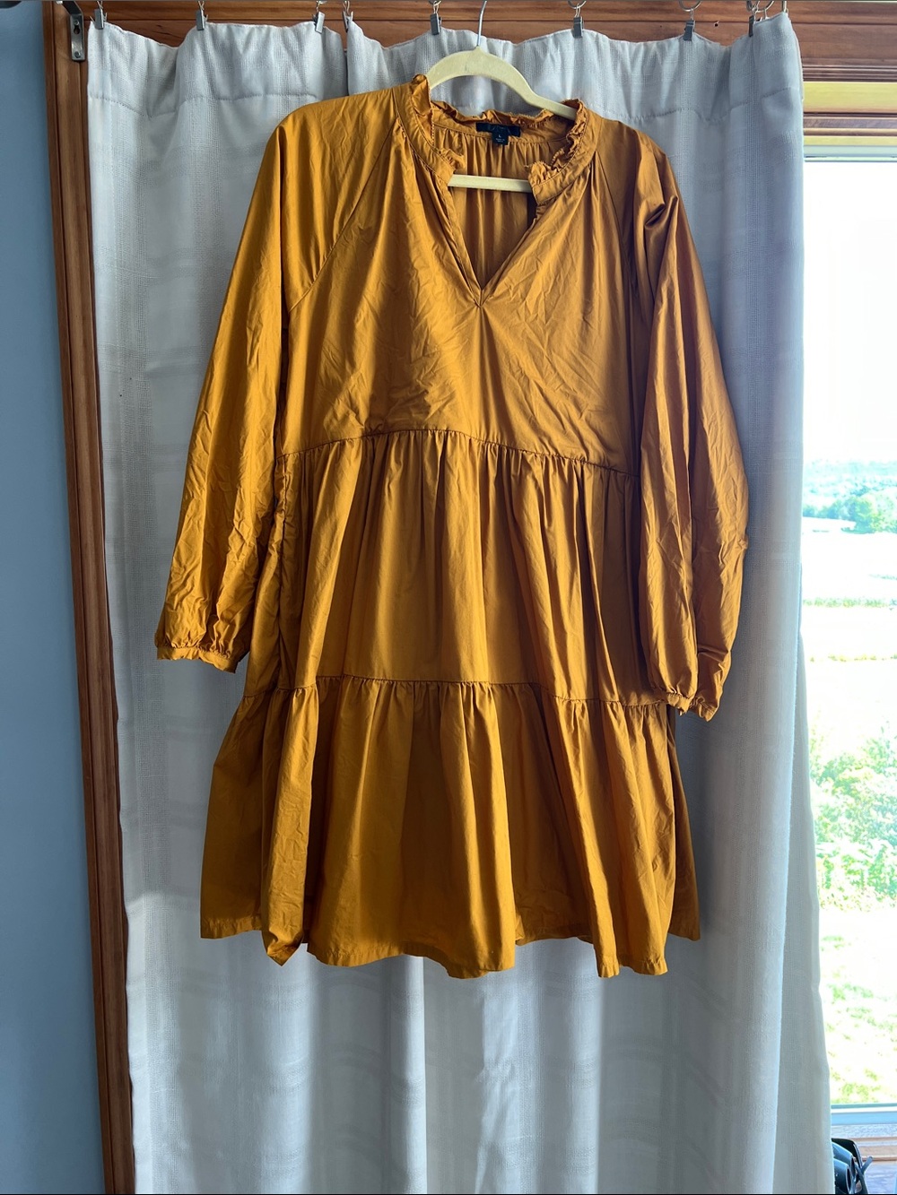 J. Crew Mustard Tiered V-Neck Long Sleeve Dress Ruffle trim